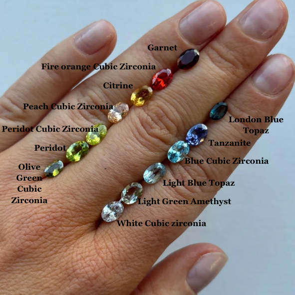 A hand displays 12 labeled gemstones—garnet, citrine, tanzanite, topaz, and more—each poised to inspire The Silk ring: a handmade sterling silver piece with a silk finish and exceptional craftsmanship.